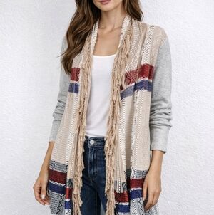 BKE Gimmicks Cardigan Sweater Fringe Multi Colors Sz L Cottagecore Western